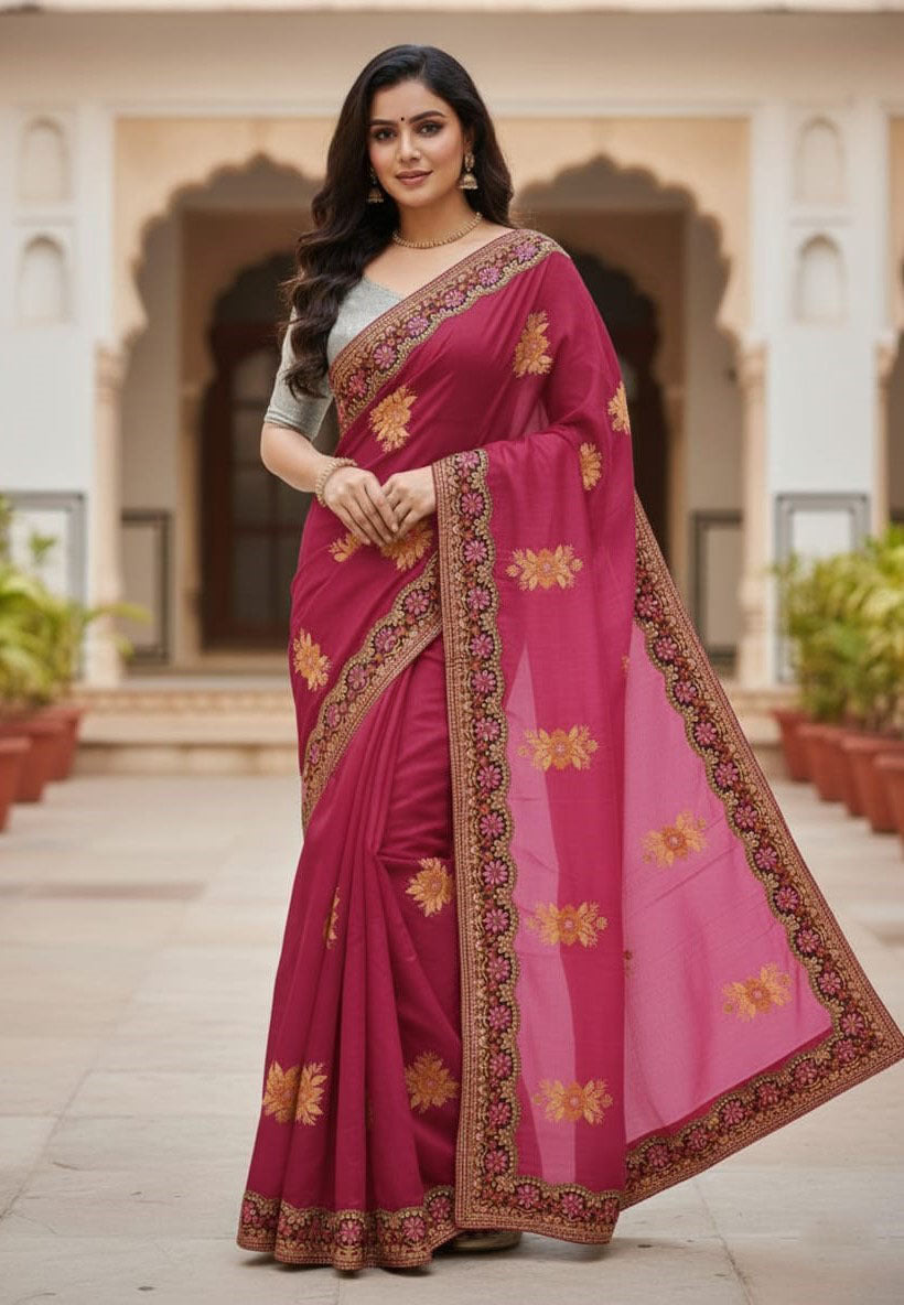 Premium Semi Muslin Sequence Embroidery Sharee with Running Blouse